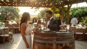 Des îlots constitués de tonneaux pour votre vin d'honneur